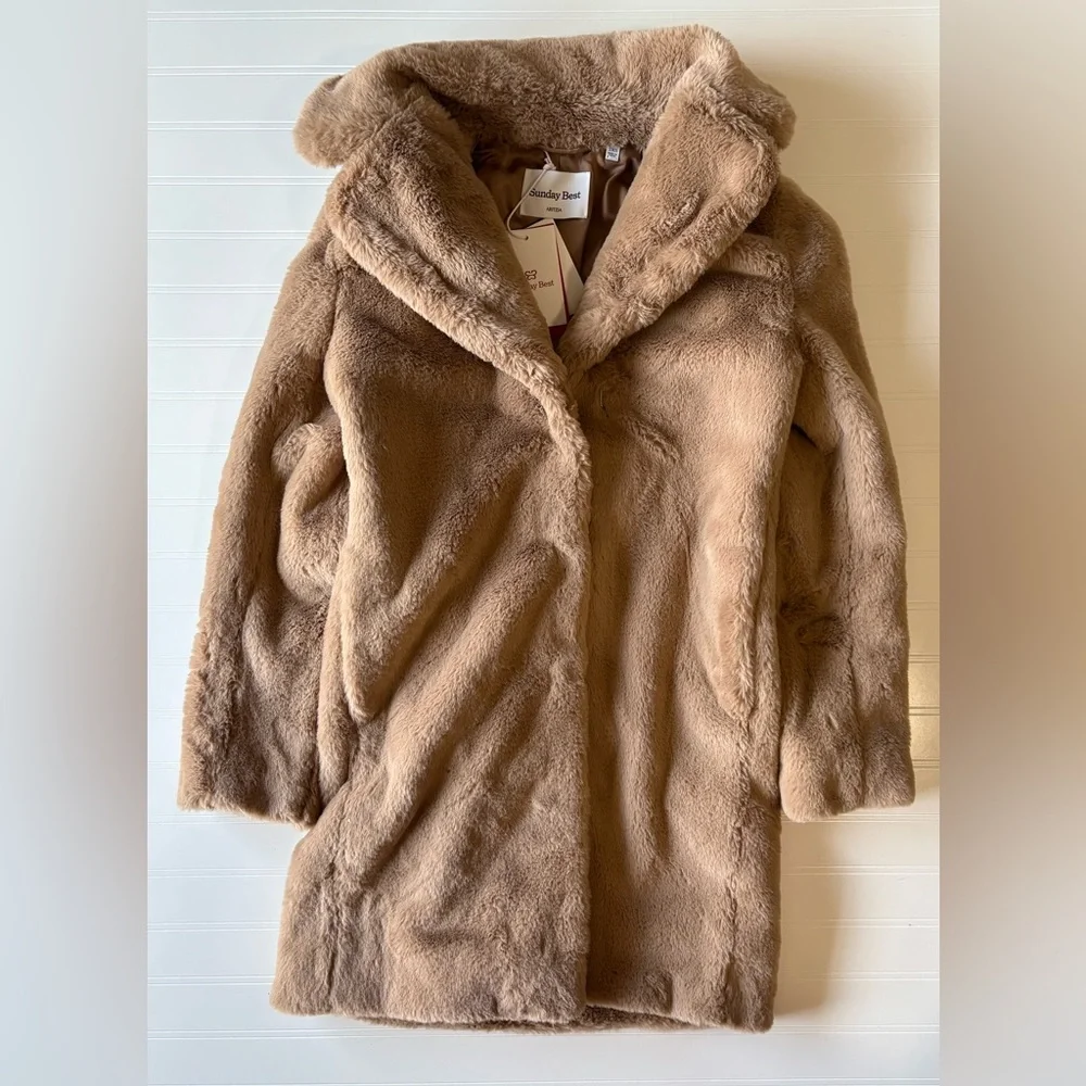 Aritzia Sunday Best Dulce Coat Polished Real Faux Fur In Tan - Picture 8 of 14